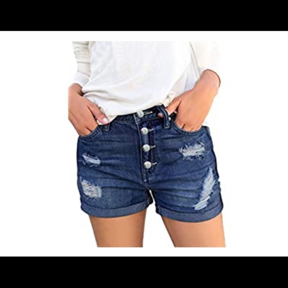 Ripped High Waisted Denim Shorts Stretchy Cuffed Hem Jean Shorts XL